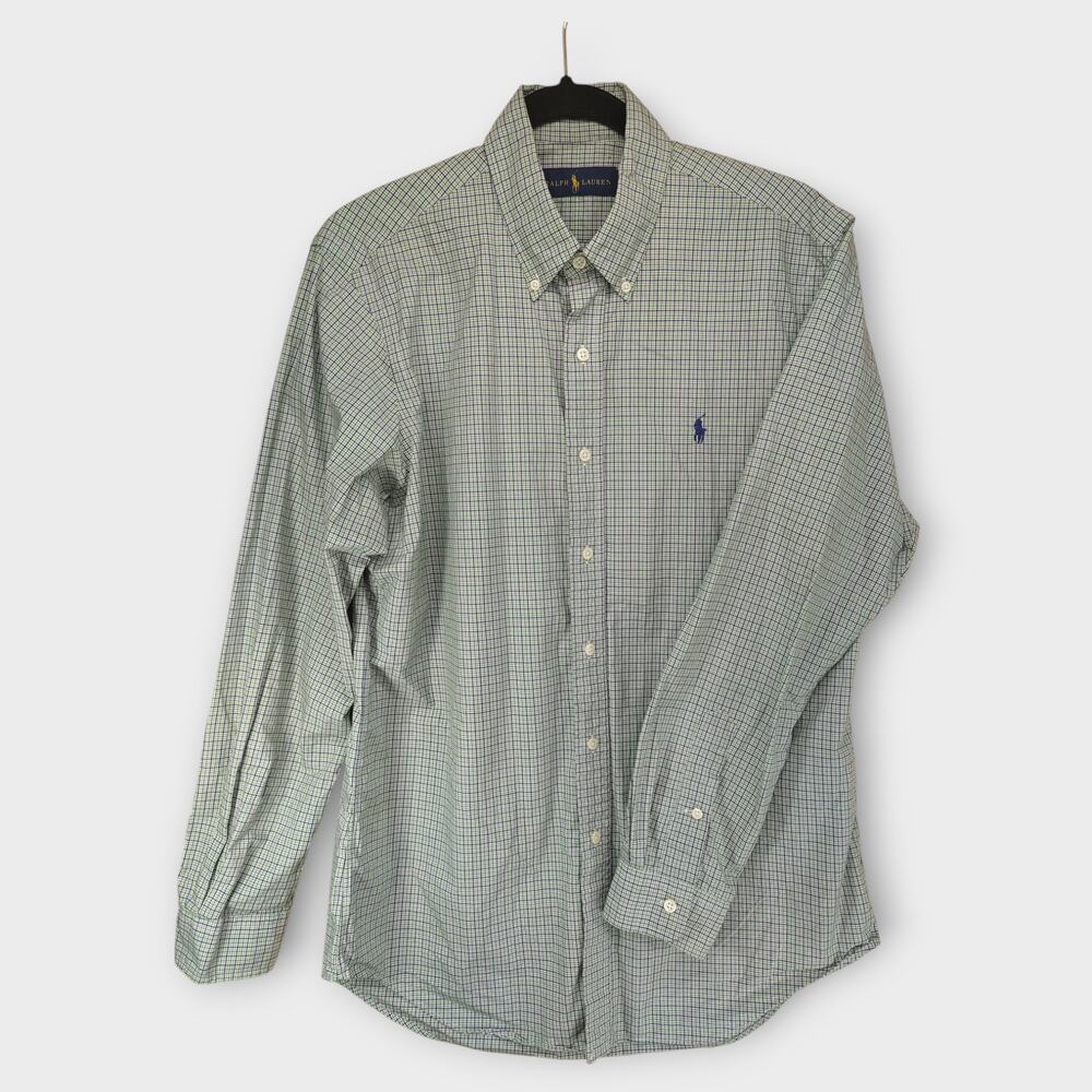 Mens Ralph Lauren Green & Blue Plaid Long Sleeve Button Down Shirt Size Medium